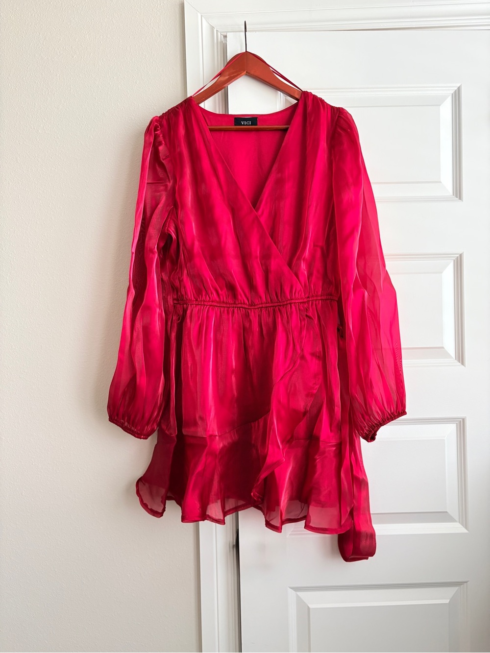 VICI Red Sheer Ruffle Wrap Mini Dress L Romantic Date Night Coquette holiday